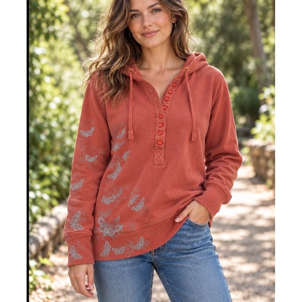 Free People Medium Vintage Y2K Butterfly Graphic Henley Hoodie Longline Tunic